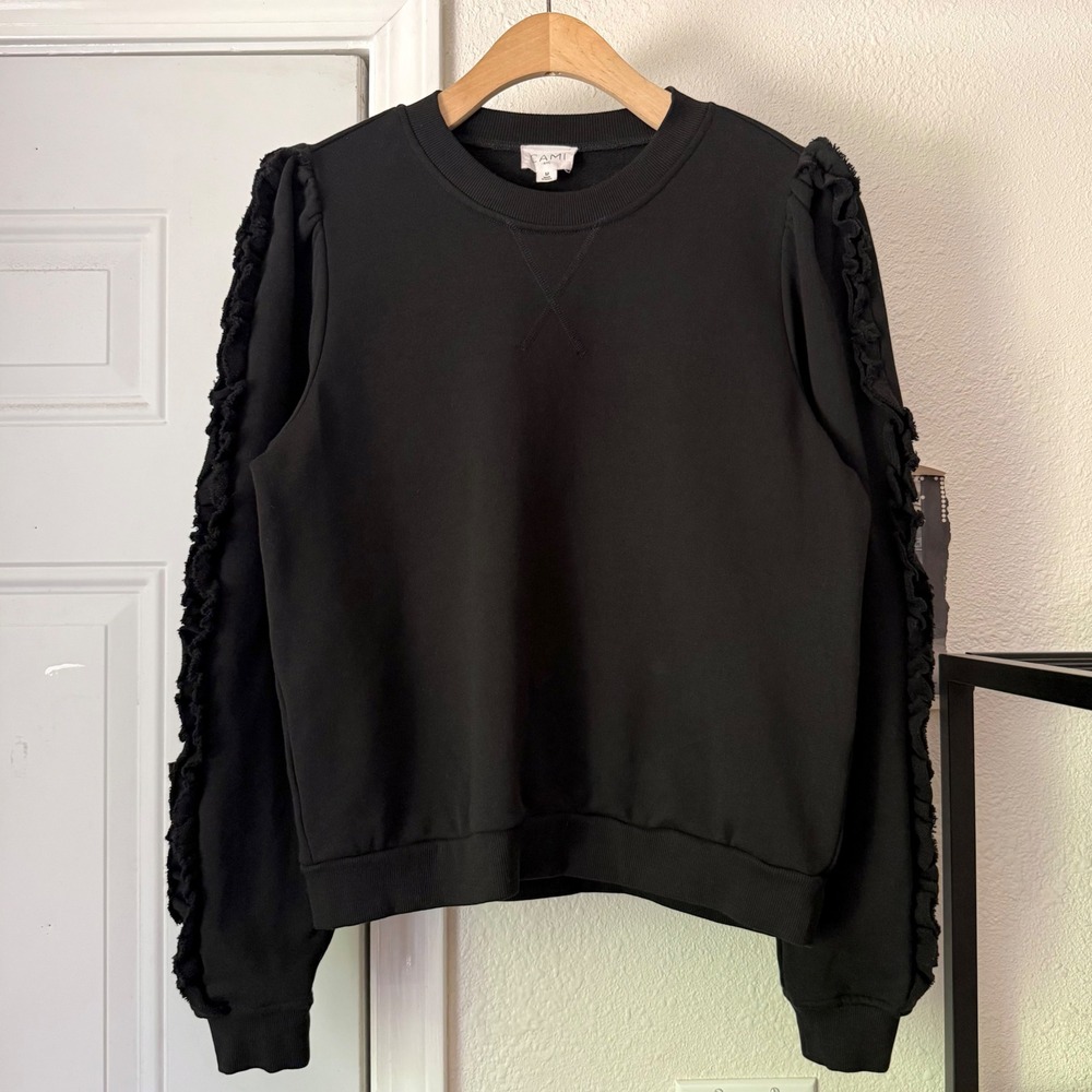 CAMI NYC black cotton crew neck ruffle puff long sleeve pullover sweater